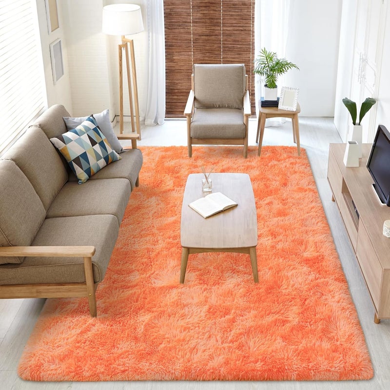 Softlife Orange Area Rug for Living Room, Fluffy Shag Plush 5x8 Rugs for Bedroom Girls Kids, Shaggy Soft Fuzzy Tie Dyed Large Carpet for Dorm Bedside Ultra Cozy Non-Slip Indoor Decor - Image 4